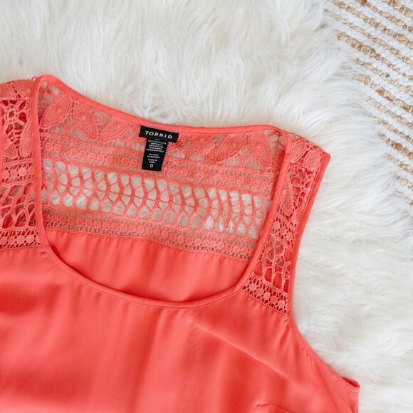 Torrid Top Sz 0 / 0X Coral Chiffon Tiered Layers Crochet Scoopneck Sleeveless - Picture 5 of 7